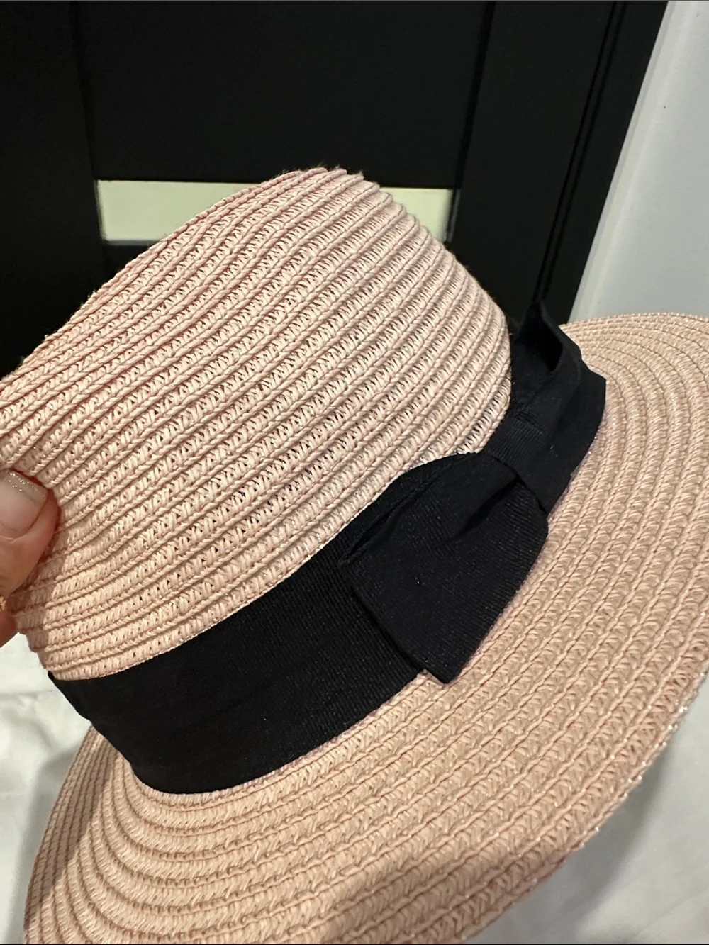 Woven Straw Panama Hat with Black Band - Blush Pink